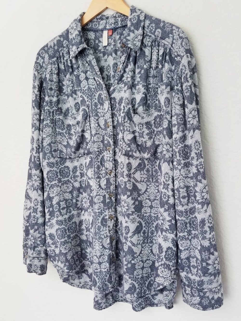 Anthropologie Pilcro Blue Jacquard Bird Western Button Front Shirt L Wool Blend